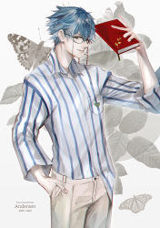 Rule 34 | 184756o, 1boy, 2022, aged up, bad id, bad twitter id, blue eyes, blue hair, book, bug, butterfly, character name, dated, eyewear strap, fate/grand order, fate (series), floral background, glasses, hans christian andersen (adult) (fate), hans christian andersen (fate), heart, heart print, holding, holding book, insect, leaf, long sleeves, shirt, smile, striped clothes, striped shirt, vertical-striped clothes, vertical-striped shirt