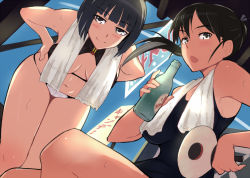 Rule 34 | 2girls, bikini, black hair, breasts, brown eyes, clothes pull, em (totsuzen no hakike), etou toshiko, halterneck, hand fan, kitagou fumika, large breasts, leaning forward, looking at viewer, multiple girls, one-piece swimsuit, one-piece swimsuit pull, ponytail, strike witches, strike witches zero, swimsuit, tan, tanline, wakamoto tetsuko, world witches series