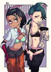 Rule 34 | 2girls, black bra, black gloves, black hair, black panties, bra, breasts, chichibu (watson), cleavage, clothes lift, clothes pull, collarbone, collared shirt, commentary request, creatures (company), game freak, gloves, green bra, green hair, hand up, highres, lifted by self, long hair, medium breasts, multicolored hair, multiple girls, necktie, nemona (pokemon), nintendo, orange necktie, orange shorts, panties, pants, pants pull, pantyhose, pokemon, pokemon sv, ponytail, rika (pokemon), shirt, shirt lift, short sleeves, shorts, single glove, small breasts, striped clothes, striped panties, two-tone hair, underwear