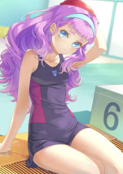 Rule 34 | 1girl, absurdres, arm support, arm up, black shorts, blue eyes, blue hairband, breasts, closed mouth, collarbone, hair intakes, hairband, highres, laura (precure), long hair, looking at viewer, pink hair, poolside, precure, school swimsuit, short shorts, shorts, sitting, small breasts, solo, swimsuit, tropical-rouge! precure, yoko-ya manjirou