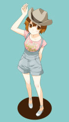 Rule 34 | aqua background, arm behind back, blouse, brown eyes, brown hair, clothes writing, hat, mattaku mousuke, original, overall shorts, overalls, pink shirt, shirt, simple background, solo