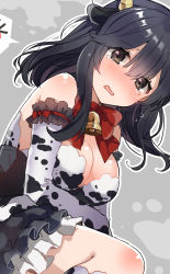 Rule 34 | 10s, 1girl, absurdres, animal ears, animal print, bad id, bad pixiv id, bell, black hair, blush, bow, bowtie, breasts, brown eyes, cleavage, cow ears, cow horns, cow print, elbow gloves, gloves, grey background, hair between eyes, highres, horns, ikeuchi tanuma, kantai collection, long hair, looking at viewer, medium breasts, open mouth, pun, red bow, red bowtie, sidelocks, solo, tears, thighhighs, ushio (kancolle)