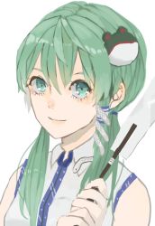 Rule 34 | 1girl, alternate hairstyle, closed mouth, collared shirt, frog hair ornament, gohei, green eyes, green hair, hair between eyes, hair ornament, hair tubes, hands up, holding, kochiya sanae, looking at viewer, low twintails, nanasuou, oonusa, shirt, simple background, single sidelock, sleeveless, sleeveless shirt, smile, snake hair ornament, solo, touhou, twintails, upper body, white background, white shirt