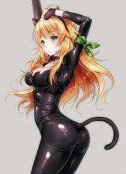 Rule 34 | 1girl, ass, blonde hair, bodysuit, breasts, cat burglar, catsuit, cleavage, gloves, green eyes, hizuki akira, hoshii miki, idolmaster, idolmaster (classic), latex, latex suit, long hair, shiny clothes, skin tight, solo, source request, tagme, tail, zipper