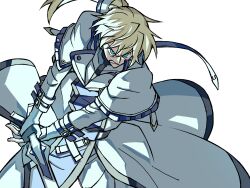 Rule 34 | 1boy, blonde hair, blue eyes, guilty gear, guilty gear xrd, hair between eyes, highres, holding, holding sword, holding weapon, ky kiske, long hair, male focus, ponytail, serious, simple background, solo, sword, v-shaped eyebrows, weapon, white background