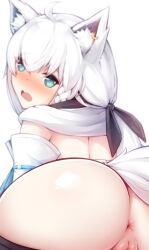 Rule 34 | 1girl, ahoge, animal ears, anus, aqua eyes, ass, blur censor, blush, braid, censored, cleft of venus, clothes pull, detached sleeves, ear piercing, fox ears, fox girl, fox tail, from behind, highres, hololive, looking at viewer, merrytail, open mouth, pants, pants pull, piercing, pussy, shirakami fubuki, solo, tail, virtual youtuber, white background, white hair