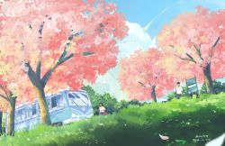 Rule 34 | 1boy, 1girl, absurdres, arm at side, artist name, black hair, blue sky, bus, cloud, dated, day, grass, highres, mochy, motor vehicle, outdoors, petals, scenery, sign, sky, standing, tree, umbrella on arm