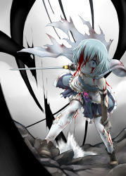 Rule 34 | 10s, bad id, bad pixiv id, blood, blue eyes, blue hair, cape, gloves, gochou (kedama), highres, mahou shoujo madoka magica, mahou shoujo madoka magica (anime), miki sayaka, short hair, skirt, solo, spoilers, sword, thighhighs, torn clothes, weapon