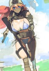Rule 34 | 1girl, bad id, bad twitter id, battlefield (series), battlefield 4, bikini, blue bikini, blue eyes, breasts, cameltoe, cleavage, covered erect nipples, day, female focus, gradient background, gun, handgun, helmet, highres, holding, holding gun, holding weapon, holster, large breasts, long hair, military, military uniform, namaniku atk, open mouth, original, outdoors, pink hair, solo, star-shaped pupils, star (symbol), swimsuit, symbol-shaped pupils, thigh holster, uniform, weapon
