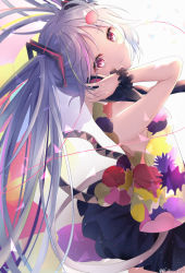 Rule 34 | 1girl, absurdres, belt, black skirt, blue hair, commentary, cowboy shot, from behind, hair ornament, hand on headphones, hand up, hatsune miku, highres, long hair, looking at viewer, looking back, miniskirt, multicolored shirt, noneon319, purple eyes, shirt, skirt, sleeveless, sleeveless shirt, smile, solo, speech bubble, tell your world (vocaloid), twintails, twitter username, very long hair, vocaloid, wrist cuffs