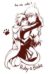 Rule 34 | 2girls, animal ears, blake belladonna, blush, cat ears, cat tail, commentary request, english text, hug, kuma (bloodycolor), mechanical pencil, multiple girls, paw print, pencil, ruby rose, rwby, sketch, tail