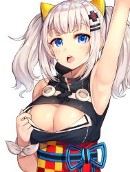 Rule 34 | 1girl, arm up, armpits, black dress, blue eyes, blush, breasts, cleavage, cleavage cutout, clothes pull, clothing cutout, commentary request, dress, dress pull, hair ornament, hairclip, highres, kaguya luna, large breasts, long hair, looking at viewer, obi, open mouth, rangen, sash, silver hair, simple background, sleeveless, sleeveless dress, solo, teeth, the moon studio, tongue, tongue out, twintails, upper teeth only, virtual youtuber, white background