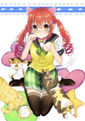 Rule 34 | 1girl, animal ears, bad id, bad pixiv id, bell, black footwear, black thighhighs, blush, bow, brown eyes, cat, collar, frown, green bow, hair ornament, highres, jingle bell, neck bell, paw pose, pillow, plaid, plaid skirt, red hair, school uniform, sitting, skirt, thighhighs, twintails, uniform, wariza, white background, x hair ornament