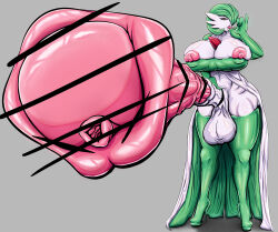 Rule 34 | 1futa, absurdres, blush, boots, breasts, censored, commentary, creatures (company), english commentary, fellatio gesture, full body, futanari, game freak, gardevoir, gen 3 pokemon, green hair, green thighhighs, grey background, highres, huge penis, large breasts, nintendo, no humans, penis, pointless censoring, pokemon, pokemon (creature), pov, red eyes, simple background, solo, standing, testicles, thigh boots, thighhighs, tongue, tongue out, unhingedd01