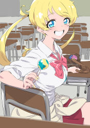 Rule 34 | 1girl, aged up, bag, blonde hair, blue eyes, bow, bowtie, breasts, brown bag, candy, chair, classroom, clothes around waist, collared shirt, commentary, desk, earrings, food, grin, high school! kiratto pri chan, highres, holding, holding bag, holding candy, holding food, holding lollipop, indoors, jewelry, kiratto pri chan, large breasts, lollipop, long hair, looking at viewer, moegi emo, murakami hisashi, nail polish, on chair, open mouth, pink bow, pink bowtie, pleated skirt, pretty series, red skirt, school bag, school chair, school desk, school uniform, shirt, sitting, skirt, smile, solo, twintails, white shirt, yellow nails
