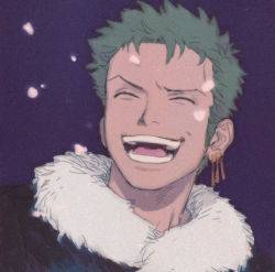 Rule 34 | 1boy, ^ ^, closed eyes, earrings, green hair, highres, jewelry, laughing, male focus, no.6 (numberr 6), one piece, portrait, roronoa zoro, short hair, single earring, smile, snowing, solo, winter clothes