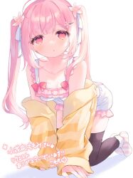 Rule 34 | 1girl, :o, ahoge, all fours, bare shoulders, black thighhighs, blush, bow, breasts, camisole, cleavage, collarbone, commission, flower, frills, hair flower, hair ornament, hair ribbon, hairclip, highres, indie virtual youtuber, jacket, kohanai momomi, komomo (2899), long hair, long sleeves, looking up, no shoes, off shoulder, open clothes, open jacket, parted lips, pink eyes, pink flower, pink hair, ribbon, short shorts, shorts, signature, simple background, skeb commission, sleeveless, sleeves past wrists, small breasts, solo, thighhighs, twintails, very long hair, virtual youtuber, white background, white camisole, white shorts, yellow jacket