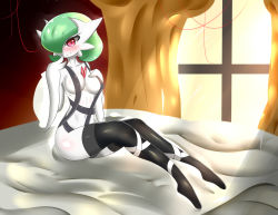 Rule 34 | 1girl, alternate costume, bed, bed sheet, black thighhighs, blush, breasts, collarbone, covered erect nipples, creatures (company), curtains, feet, full body, furry, game freak, gardevoir, gen 3 pokemon, green hair, hair over one eye, hand on own chest, hand to own mouth, hand up, large breasts, looking at viewer, mega gardevoir, mega pokemon, navel, nintendo, pillow, pink eyes, pokemon, pokemon (creature), pokemon rse, sana!rpg, short hair, sitting, smile, solo, sunlight, thighhighs, window