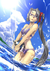 Rule 34 | 10s, 1girl, :o, bikini, black hair, blue bikini, bow, breasts, cleavage, cloud, cowboy shot, day, dutch angle, explosive, from side, glasses, hair bow, holding, kamotama, kantai collection, lens flare, long hair, looking at viewer, mine (weapon), nachi (kancolle), naval mine, one-piece tan, outdoors, ponytail, red eyes, side ponytail, sky, solo, standing, sun, surprised, swimsuit, tan, tanline, toy, transparent, v arms, very long hair, wading, water, wet