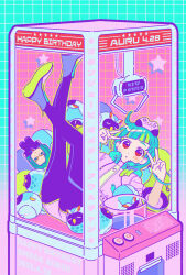 Rule 34 | 1girl, :o, black leggings, blue background, blue footwear, blue hair, blunt bangs, boots, brother and sister, character doll, character name, commentary request, controller, crane game, double v, facial mark, full body, game controller, glasses, green hair, happy birthday, highres, in crane game, jacket, kneepits, leggings, legs up, lightning bolt symbol, long hair, looking at viewer, lying, multicolored hair, neon palette, omega auru, omega auru (primagista), omega inoru, on back, open mouth, oshiri (o4ritarou), pink jacket, pretty series, red-framed eyewear, red eyes, shorts, siblings, solo, star (symbol), streaked hair, stuffed owl, stuffed toy, v, v over eye, waccha primagi!, white shorts