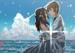 Rule 34 | 10s, 1boy, 1girl, artist request, black hair, blue eyes, blurry, blurry background, brown eyes, brown hair, cloud, cloudy sky, couple, day, diffraction spikes, dress, eye contact, gloves, hair ribbon, hetero, jewelry, kimi no na wa., long hair, looking at another, miyamizu mitsuha, aged up, petals, red ribbon, ribbon, ring, sky, source request, spoilers, tachibana taki, wedding band, wedding dress