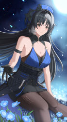 Rule 34 | 1girl, absurdres, arm strap, bare shoulders, black bow, black eyes, black gloves, black hair, black pantyhose, black skirt, blue beret, blue shirt, bow, breasts, cleavage, collarbone, commentary request, crop top, feather hair, field, flower, flower field, gloves, hair intakes, halterneck, hat, hat bow, high-waist skirt, highres, large breasts, long hair, pantyhose, parted bangs, reaching, reaching towards viewer, shirt, sitting, skirt, smile, solo, tacet mark (wuthering waves), wuthering waves, yangyang (wuthering waves), yuzu (yuzexit565)