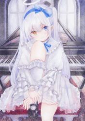 Rule 34 | 1girl, angel, bush, colored pencil (medium), darkkanan, dress, frilled dress, frills, graphite (medium), hairband, halo, hearing aid, heterochromia, highres, indoors, instrument, kneehighs, legs, lolita fashion, looking at viewer, mary janes, original, piano, see-through, shoes, sitting, socks, solo, thighs, traditional media, twintails, white dress, white hair