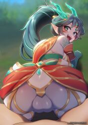Rule 34 | 1girl, :d, antlers, blurry, blurry background, blush, bush, cameltoe, cleft of venus, day, from behind, green hair, hair ornament, heavenscale kai&#039;sa, highres, horns, kai&#039;sa, league of legends, long hair, open mouth, outdoors, pointy ears, ponytail, smile, solo focus, strongbana, teeth, upper teeth only