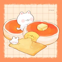 Rule 34 | 3others, artist name, bird, blush stickers, border, butter, cat, character name, chick, chicken, closed eyes, commentary, creature, food, highres, kimipiyo (tenmiyakiyo), multiple others, neko (tenmiyakiyo), orange border, original, oversized food, oversized object, pancake, rabbit, signature, sleeping, souffle pancake, symbol-only commentary, tenmiyakiyo, usachii (tenmiyakiyo)