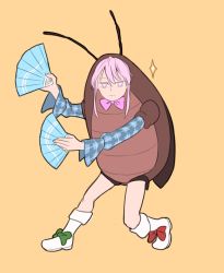 Rule 34 | antennae, boots, bug, cockroach, cosplay, dancing, expressionless, green ribbon, hand fan, hata no kokoro, insect, mefomefo, orange background, pink eyes, pink hair, pink ribbon, plaid, plaid shirt, pun, red ribbon, ribbon, shirt, short hair, simple background, solo, spanish commentary, sparkle, touhou, white footwear