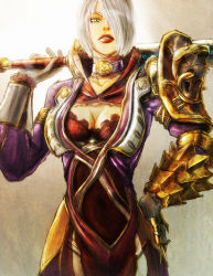 Rule 34 | 1girl, armor, breasts, cleavage, female focus, gloves, gradient background, green eyes, hair over one eye, isabella valentine, large breasts, lips, lipstick, makeup, revealing clothes, short hair, solo, soul calibur, soulcalibur, soulcalibur v, sword, weapon, white hair