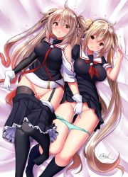Rule 34 | 2girls, ahoge, asymmetrical clothes, bed sheet, black serafuku, black skirt, black socks, blush, breasts, brown eyes, clothes pull, commentary request, covering privates, covering crotch, dual persona, garter straps, gloves, gradient hair, green panties, groin, hair flaps, hair ornament, hair ribbon, heart, heterochromia, highres, kantai collection, kneehighs, large breasts, light brown hair, long hair, looking at viewer, lying, mokufuu, multicolored hair, multiple girls, murasame (kancolle), murasame kai ni (kancolle), neckerchief, on back, open mouth, panties, panty pull, pleated skirt, red eyes, red neckerchief, ribbon, school uniform, serafuku, skirt, skirt pull, socks, twintails, two side up, underwear, undressing, very long hair, white gloves