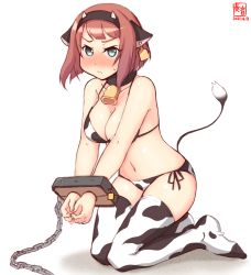 Rule 34 | 1girl, alternate breast size, alternate costume, animal ears, animal print, ark royal (kancolle), artist logo, bell, bikini, blue eyes, blunt bangs, blush, bob cut, bound, bound wrists, breasts, cleavage, collarbone, commentary request, cow ears, cow horns, cow print, cow tail, cowbell, cuffs, dated, ear tag, full body, highres, horns, kanon (kurogane knights), kantai collection, kneehighs, kneeling, large breasts, navel, nose blush, one-hour drawing challenge, red hair, short hair, side-tie bikini bottom, simple background, socks, solo, swimsuit, tail, thighhighs, white background, white bikini, white socks, white thighhighs