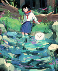 Rule 34 | 1girl, absurdres, black hair, blue sailor collar, blue skirt, closed mouth, commentary, fallen tree, forest, ghost, grass, highres, jellyfish, long sleeves, looking at viewer, mamei mema, medium hair, moss, nature, neckerchief, on ground, original, outdoors, plant, pleated skirt, red neckerchief, red scarf, rock, sailor collar, sailor shirt, scarf, school uniform, serafuku, shirt, sitting, skirt, soaking feet, solo, stream, tree, water, white shirt, wide shot