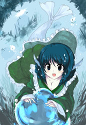Rule 34 | 1girl, bad id, bad pixiv id, blue eyes, blue hair, breasts, cleavage, echizen (hvcv), fins, head fins, japanese clothes, long sleeves, mermaid, monster girl, open mouth, short hair, smile, touhou, underwater, wakasagihime, water, wide sleeves