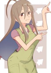 Rule 34 | 1girl, ahoge, apron, bluearcadegames, breasts, brown hair, commentary, do it yourself!!, green apron, hair between eyes, highres, huge ahoge, long hair, looking at viewer, mature female, medium breasts, red eyes, simple background, smile, solo, very long hair, white background, yua serufu&#039;s mother