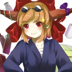 Rule 34 | 1girl, alternate costume, blush, bow, brown hair, collarbone, eyewear on head, fang, hair bow, horns, ibuki suika, looking at viewer, piyodesu, red eyes, sarashi, simple background, smile, solo, sparkle, sunglasses, touhou, white background, wild and horned hermit