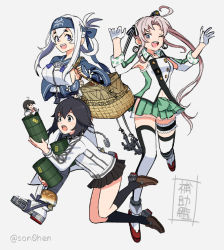 Rule 34 | 3girls, ainu clothes, akitsushima (kancolle), anchor hair ornament, antenna hair, armpit cutout, bandaged leg, bandages, basket, black hair, black skirt, breasts, bridal garter, clothing cutout, crate, drum (container), earrings, fairy (kancolle), folded ponytail, fur trim, gloves, grey background, grey hair, hair ornament, hair ribbon, hat, hayasui (kancolle), headband, jacket, jewelry, kamoi (kancolle), kantai collection, kneehighs, large breasts, long hair, mini hat, multiple girls, one eye closed, open mouth, pleated skirt, ponytail, ribbon, shimin, short hair, side ponytail, simple background, skirt, small breasts, socks, thighhighs, track jacket, twitter username, white gloves, white hair