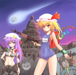 Rule 34 | 2girls, armor, assault rifle, backpack, bad id, bad pixiv id, bag, blonde hair, blue one-piece swimsuit, bow, chinese assault rifle, crescent, crescent moon, fallout (series), fallout 3, female focus, flandre scarlet, gem, gun, hair bow, hakurei reimu, hat, long hair, moon, multiple girls, name tag, one-piece swimsuit, parody, patchouli knowledge, purple eyes, purple hair, randoseru, red eyes, rifle, school swimsuit, short hair, side ponytail, spikes, sumapan, swimsuit, touhou, trigger discipline, ufo, vault boy, weapon, wings