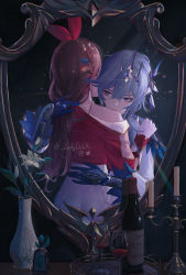 Rule 34 | 2girls, alcohol, alternate costume, amber (genshin impact), black gloves, blue hair, brown hair, cup, dark, drinking glass, eula (genshin impact), genshin impact, gloves, hair between eyes, hair ornament, hand on another&#039;s head, highres, ladywaltz, looking at viewer, mirror, multiple girls, reflection, wine, wine glass