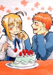 Rule 34 | 1boy, 1girl, ahoge, blonde hair, blush, cake, couple, eating, closed eyes, fate/stay night, fate (series), food, fruit, hair ribbon, lowres, red hair, ribbon, strawberry, tagme, whipped cream