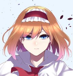 Rule 34 | 1girl, alice margatroid, blonde hair, blue eyes, cape, closed mouth, eyes visible through hair, hair between eyes, hairband, highres, keenii (kenny86), looking at viewer, petals, red hairband, red neckwear, short hair, simple background, solo, touhou, white background, white cape