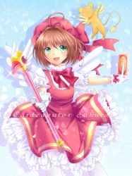 Rule 34 | 1990s (style), 1girl, bad id, bad pixiv id, brown hair, card, cardcaptor sakura, child, clow card, dress, fuuin no tsue, glove bow, gloves, green eyes, hat, hibaarborvitae, highres, holding, holding card, kero (cardcaptor sakura), kinomoto sakura, magical girl, open mouth, pink hat, retro artstyle, short hair, smile, staff, wand, white gloves, wings