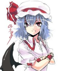 Rule 34 | 1girl, bat wings, fang, fang out, female focus, hair between eyes, hat, mob cap, remilia scarlet, simple background, solo, touhou, white background, wings
