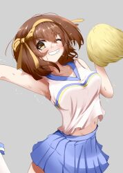 Rule 34 | 1girl, arm up, armpits, blue skirt, blush, bob cut, brown eyes, brown hair, cheerleader, commentary request, grey background, hair ribbon, hairband, highres, holding, holding pom poms, medium hair, navel, official alternate costume, one eye closed, pom pom (cheerleading), pom poms, ribbon, school uniform, serafuku, shirt, simple background, skirt, sleeveless, sleeveless shirt, solo, suzumiya haruhi, suzumiya haruhi no yuuutsu, tanishi (hetianming11093), teeth, white shirt, yellow hairband, yellow ribbon