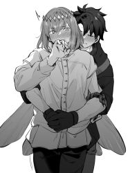 Rule 34 | 2boys, arms around another&#039;s waist, arms around waist, behind another, blouse, blush, chaldea uniform, claws, closed eyes, closed mouth, collared shirt, commentary request, covering own mouth, crown, diamond (shape), diamond crown, diamond hairband, dress shirt, dry humping, fate/grand order, fate (series), fingernails, frilled shirt, frilled shirt collar, frills, fujimaru ritsuka (male), gloves, greyscale, hand on another&#039;s arm, hand over mouth, hand over own mouth, hand up, harness, heavy breathing, highres, humping, insect wings, looking back, male focus, medium hair, monochrome, multiple boys, oberon (fate), oberon (third ascension) (fate), pants, sausu hitori, sharp fingernails, shirt, short hair, short sleeves, sweat, tagme, trap, wings, yaoi
