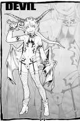 Rule 34 | 1boy, androgynous, bat wings, boots, demon boy, earrings, english text, fangs, garter belt, greyscale, grin, high heels, highres, horns, demon boy, jewelry, male focus, monochrome, original, panties, po-ju, pointy ears, scan, shoes, short hair, signature, smile, solo, standing, sword, thighhighs, trap, underwear, weapon, wings, zoom layer
