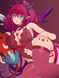 Rule 34 | 1girl, absurdres, animal, asymmetrical wings, bare shoulders, blue eyes, blush, bra, breasts, choker, cleavage, coubalt, covered erect nipples, crystal wings, hair between eyes, heterochromia, highres, hololive, hololive english, horns, irys (hololive), lace, lace-trimmed choker, lace trim, large breasts, lingerie, long hair, looking at viewer, lying, mouse (animal), mr. squeaks (hakos baelz), multicolored hair, nail polish, navel, on side, open mouth, panties, pointy ears, purple eyes, purple hair, red hair, see-through, solo, streaked hair, stuffed animal, stuffed toy, thighhighs, underwear, underwear only, very long hair, virtual youtuber, wings