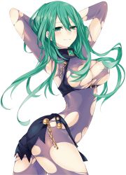 Rule 34 | 10s, 1girl, armpits, arms up, ass, blush, bodysuit, breasts, chain, cleavage, contrapposto, date a live, gem, green eyes, green hair, large breasts, long hair, matching hair/eyes, natsumi (date a live), novel illustration, official art, simple background, smile, solo, standing, torn bodysuit, torn clothes, transparent background, tsunako