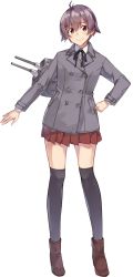 Rule 34 | 1girl, black thighhighs, brown eyes, brown footwear, buttons, coat, full body, grey coat, hair between eyes, kantai collection, konishi (koconatu), long sleeves, official art, pleated skirt, purple hair, red skirt, sakawa (kancolle), shoes, short hair, skirt, solo, thighhighs, transparent background